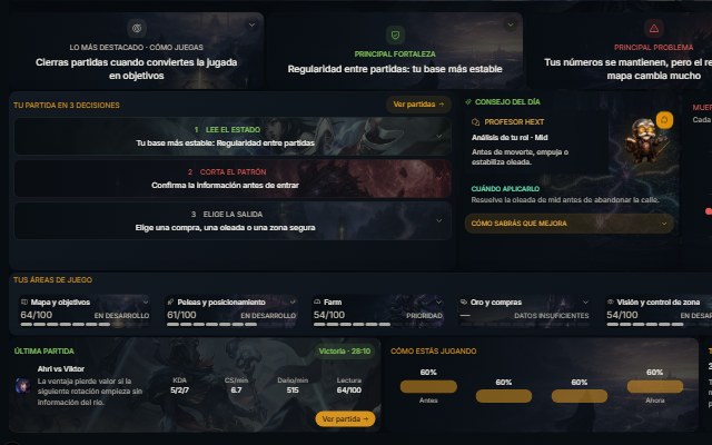 Panel real de HextVault con métricas, prioridad y evolución de una partida