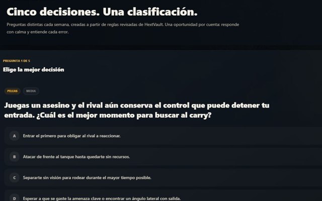 Entrenamiento semanal real de HextVault con una pregunta de decisión
